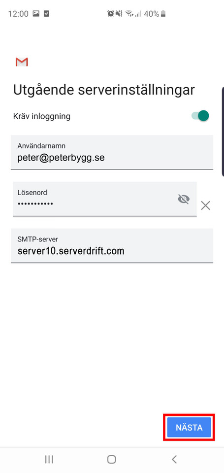 Android, steg 9: Se till att uppgifterna stämmer överens med föregående inmatningar. Server skall vara: server10.serverdrift.com klicka sedan på Nästa 