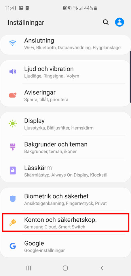 Android, steg 2: Gå in på Konton & säkerhetskop 