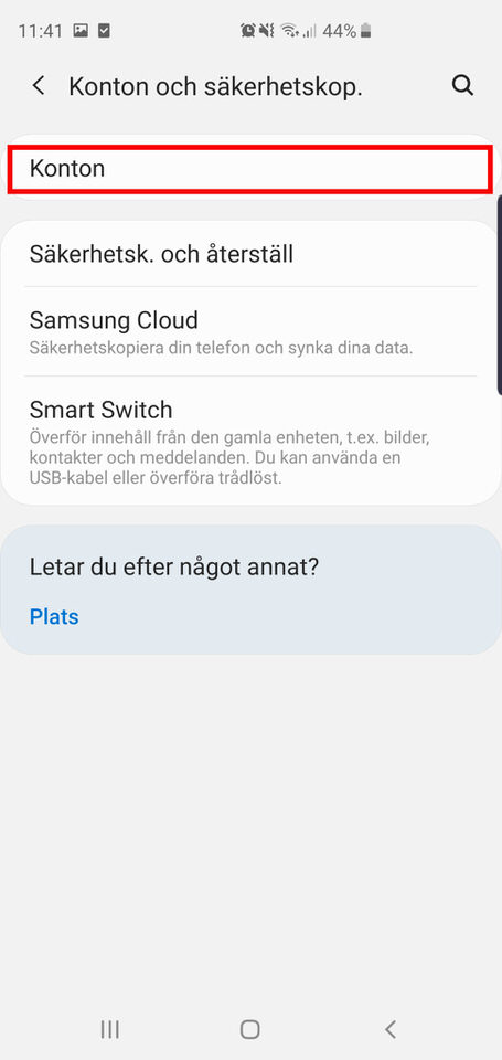 Android, steg 3: Välj Konton högst upp