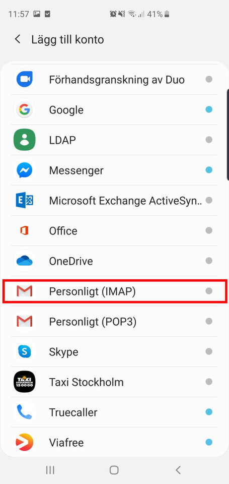 Android, steg 5: Välj sedan Personligt (IMAP)