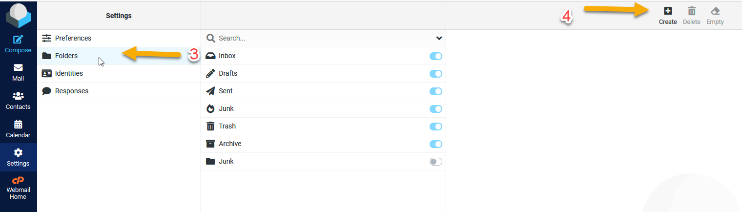 Vyn Mappar (Folders) i Webmail där fliken Mappar och knappen Skapa (Create) är markerade med rött.