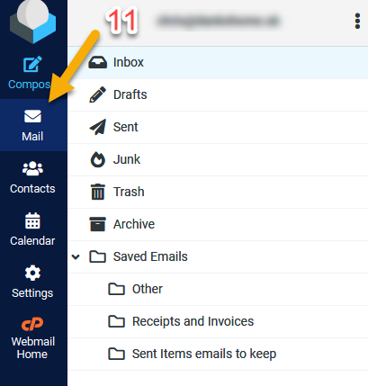 Inkorgsvyn i Webmail där de nyskapade mapparna syns i den vänstra kolumnen.