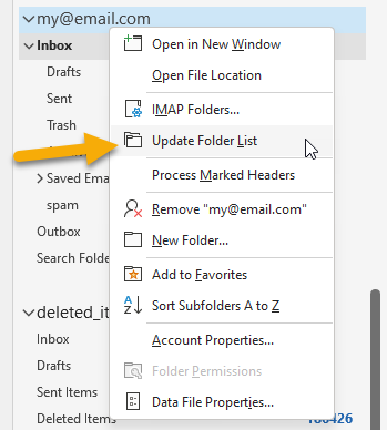Högerklicksmenyn på e-postadressen i Outlook där valet Uppdatera Mappstruktur (Update Folder List) är markerat med rött.