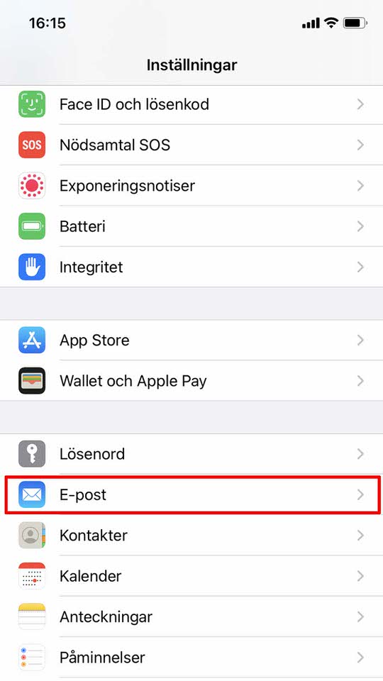 iPhone, steg 2: Klicka in på E-post 