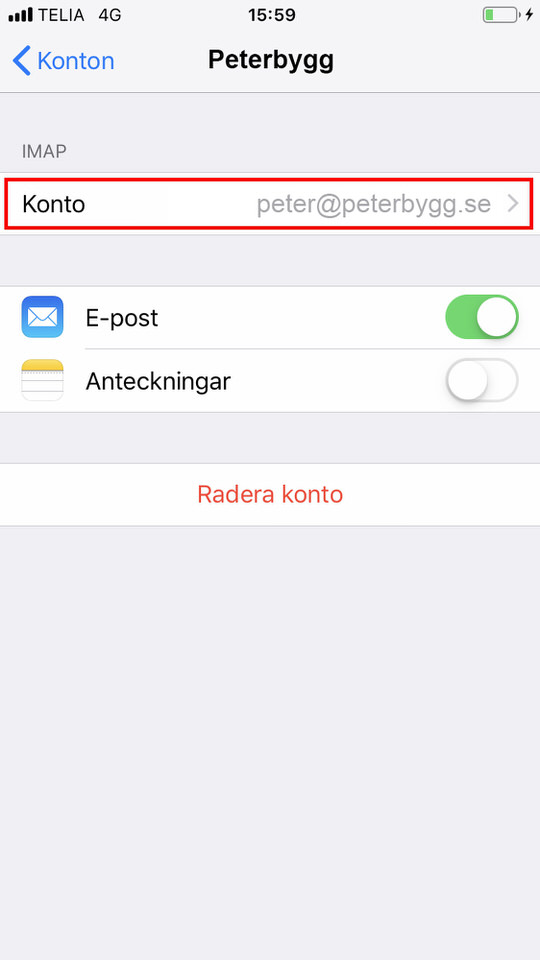 iPhone, steg 11: Klicka igen på Konto 