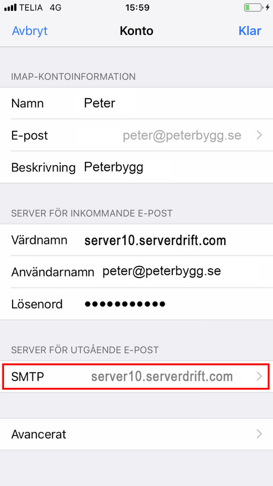iPhone, steg 12: Klicka sedan på SMTP 