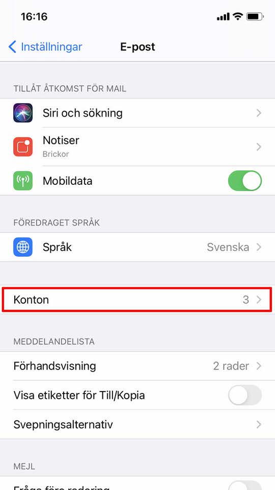 iPhone, steg 3: Välj Konton 