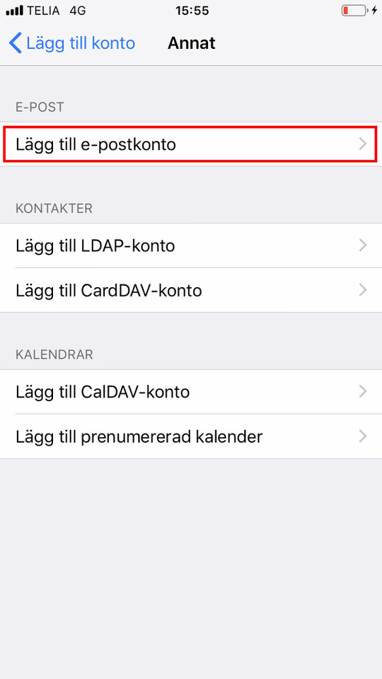iPhone, steg 6: Klicka på Lägg till e-postkonto 
