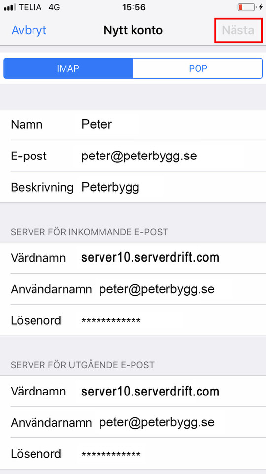 iPhone, steg 8: På värdnamn skall det stå: server10.serverdrift.com Se till att övriga uppgifter stämmer 