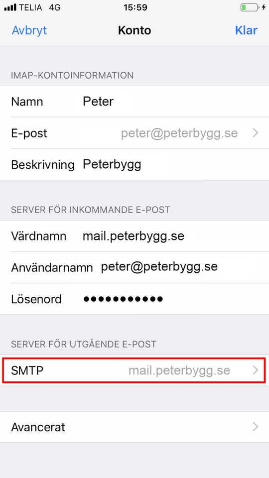iPhone, steg 12: Klicka sedan på SMTP 