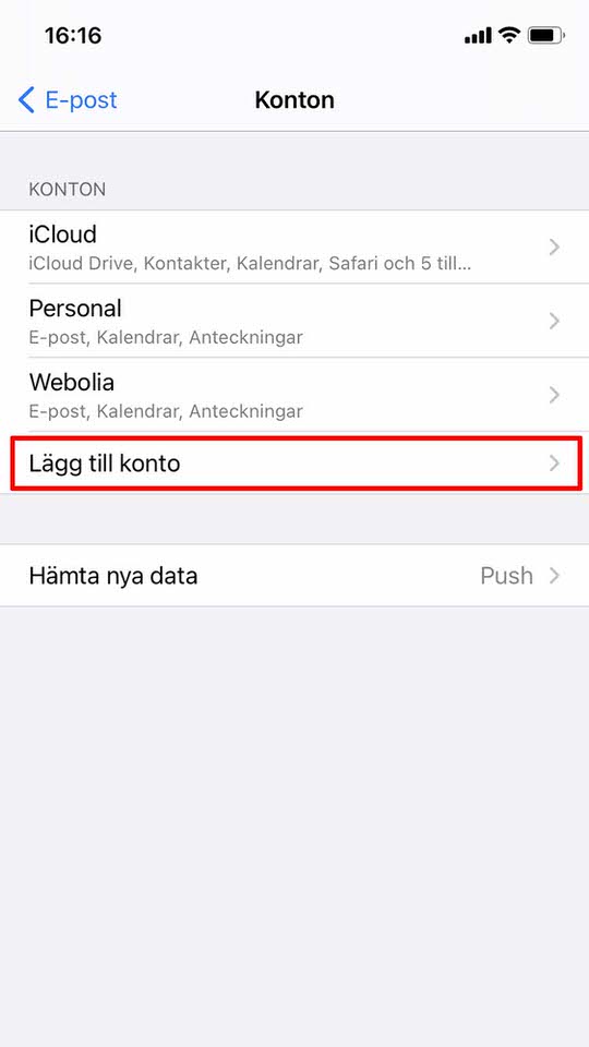 iPhone, steg 4: Klicka på Lägg till konto 