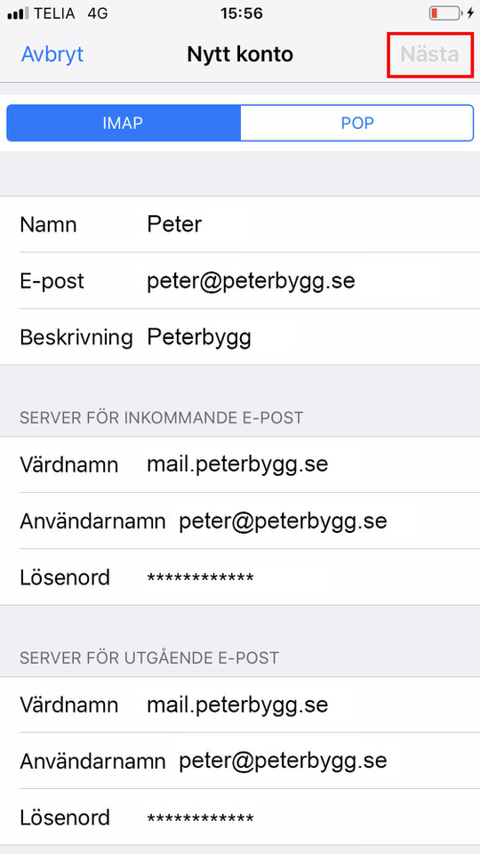 iPhone, steg 8: På värdnamn skall det stå “mail.domän.se”. Exempel mail.peterbygg.se Se till att övriga uppgifter stämmer 
