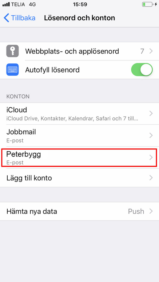 iPhone, steg 10: (steg 10-15 inte alltid nödvändigt) Klicka sedan på mailen du precis la till