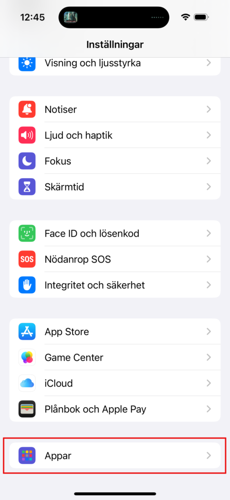 iPhone, steg 1: Gå in på Inställningar & bläddra längst ned till Appar 
