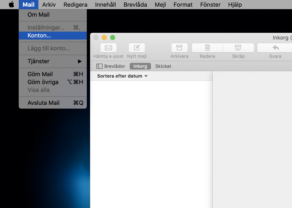 Mac Mail, steg 1: Öppna menyn i mail-appen uppe till vänster. Klicka på Konton 