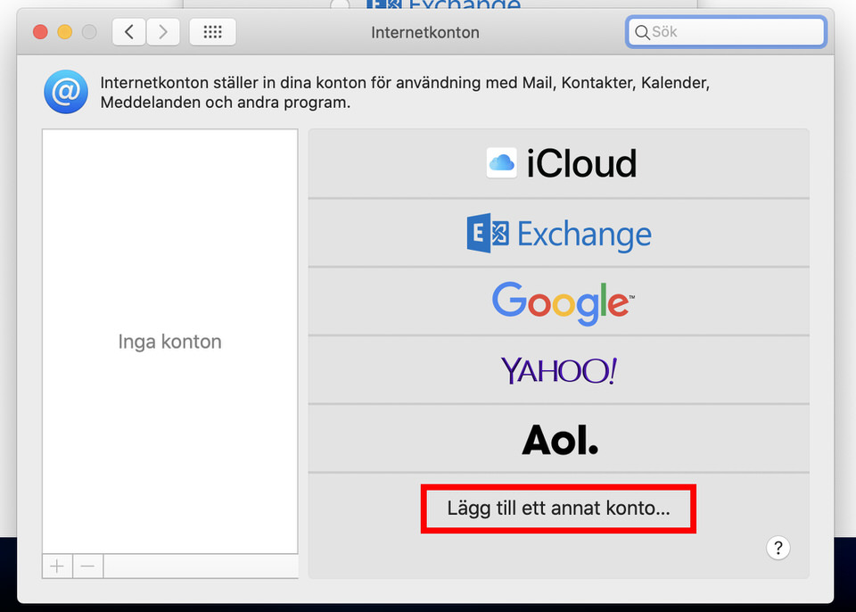 Mac Mail, steg 2: Listan med kontotyper där alternativet Lägg till ett annat konto är markerat med rött.