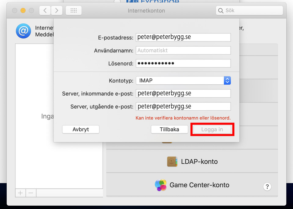 Mac Mail, steg 5: Serverfönstret där både inkommande och utgående e-postserver är ifyllda med server10.serverdrift.com och knappen Logga in är markerad med rött.