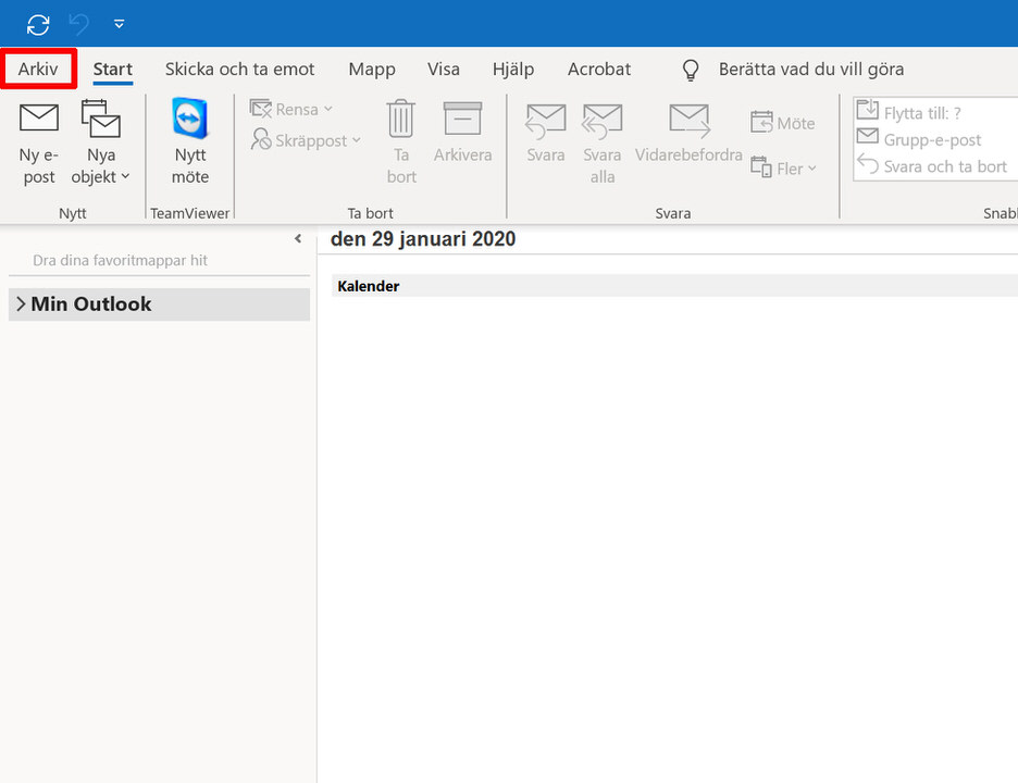 Outlook, steg 2: Välj Arkiv uppe i vänstra hörnet