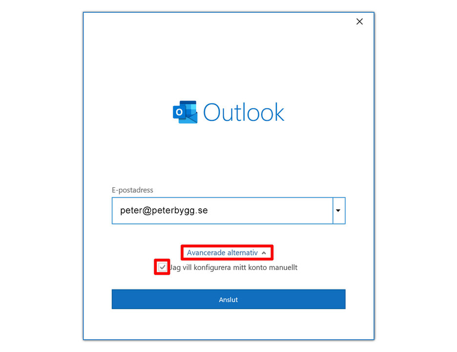 Outlook, steg 4: Klicka på Avancerade alternativ , bocka i “ Jag vill konfigurera mitt konto manuellt “. Skriv din mail och klicka på Anslut 