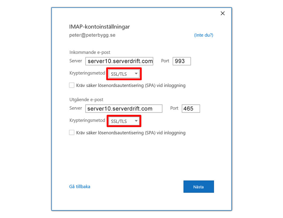 Outlook, steg 6: IMAP-inställningar med inkommande server server10.serverdrift.com på port 993, utgående server server10.serverdrift.com på port 465 och SSL/TLS valt som krypteringsmetod.