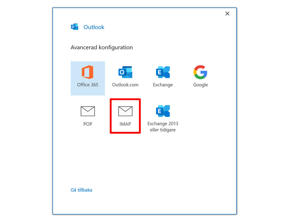 Outlook, steg 5: Välj alternativet IMAP 
