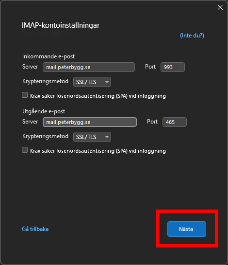 Outlook, steg 6: IMAP-inställningar med inkommande server mail.dindomän.se på port 993, utgående server mail.dindomän.se på port 465 och SSL/TLS valt som krypteringsmetod.