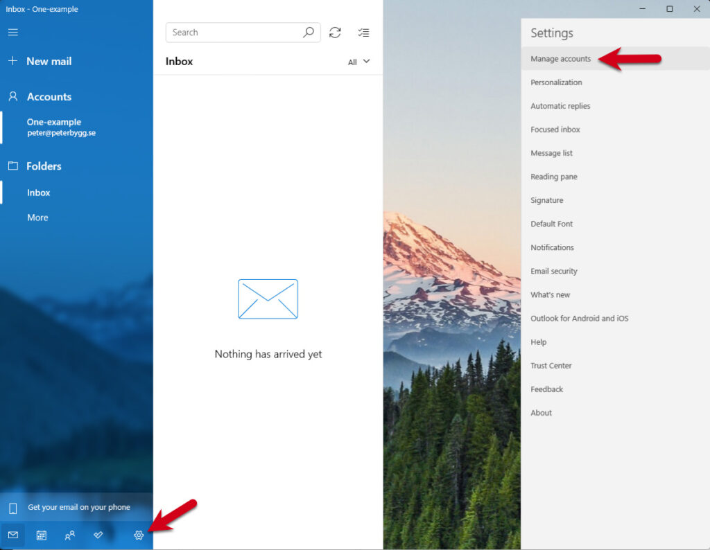 Windows Mail, steg 2: Gå till Hantera konton. Klicka på inställningar-ikonen längst ned till vänster och gå till Hantera konton i det övre högra hörnet