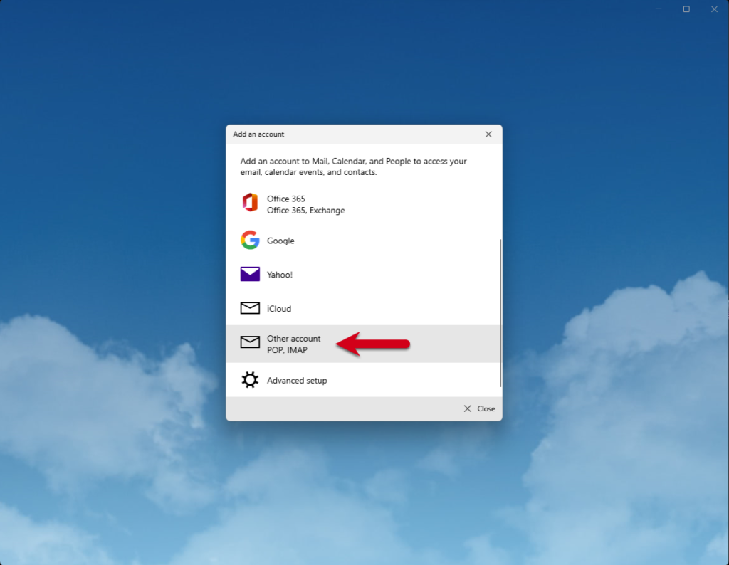 Windows Mail, steg 4: Välj annat konto. Välj Annat konto i fönstret som dyker upp