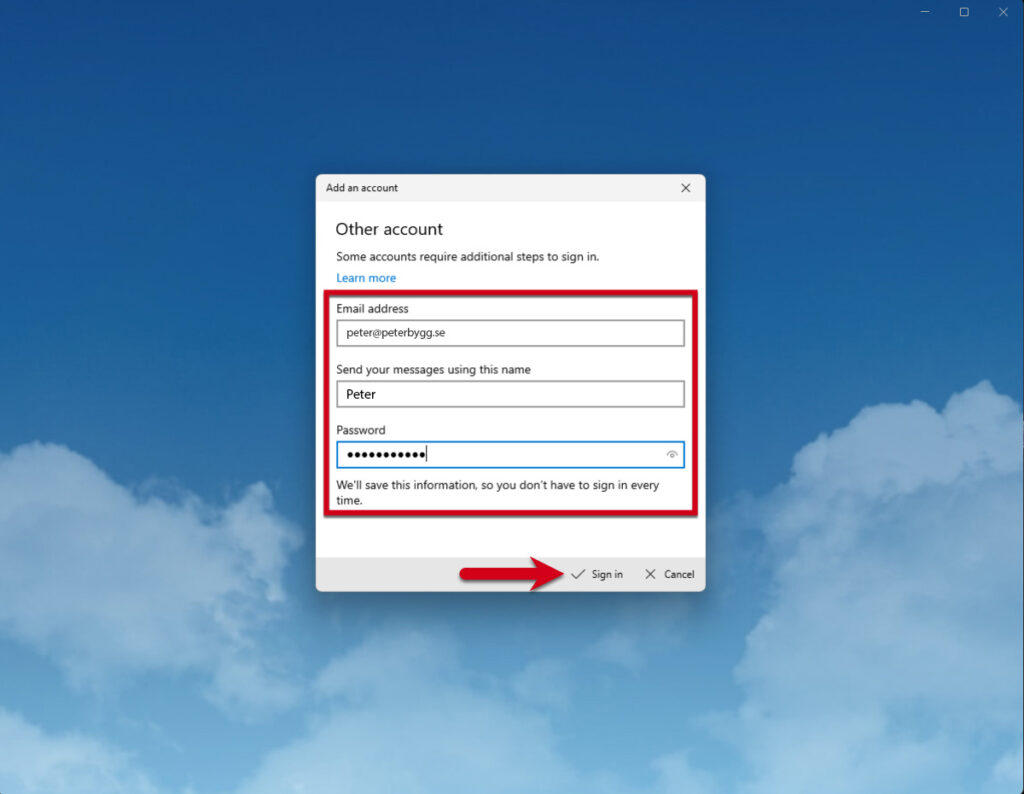 Windows Mail, steg 5: Steg 5 – Ange dina inloggningsuppgifter Ange din E-postadress , ditt Visningsnamn och Lösenord . Klicka på Logga in 