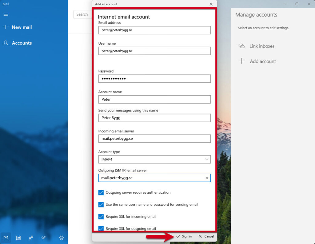 Windows Mail, steg 7: Fönstret med serverinställningar där e-postadress, användarnamn, kontonamn samt inkommande och utgående server är ifyllda och de fyra SSL- och autentiseringsrutorna är markerade.